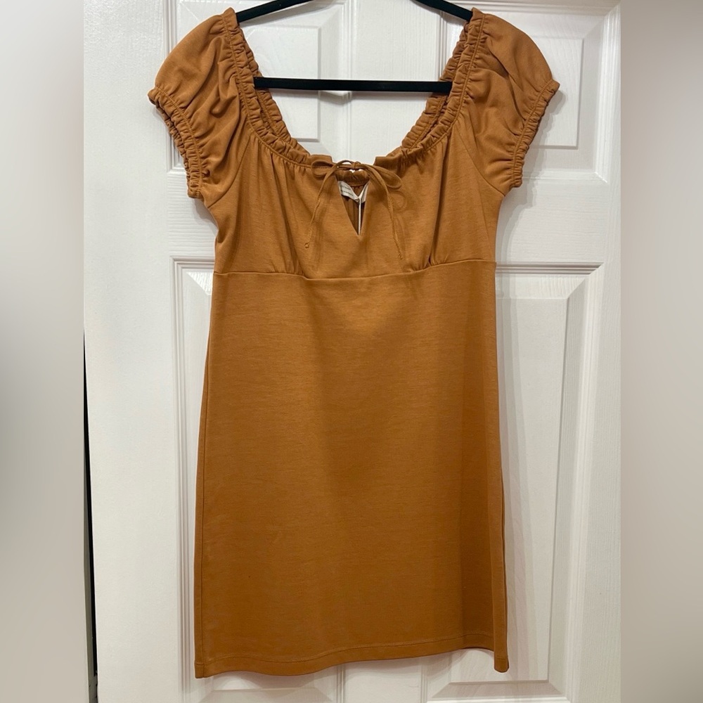Oak + Fort Brown Puff Sleeve Tie Front Mini Dress NWT Size S